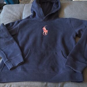 Ralph Lauren Girls Pink Pony Hoodie in Navy Blue. Size Large (14-16).